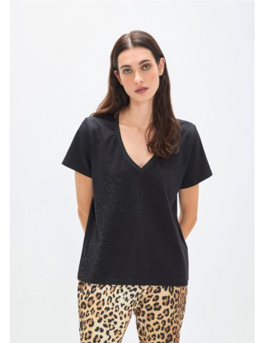 Camiseta negra de cuello pico con animal en strass para mujer