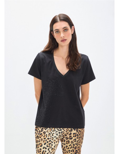 Camiseta negra de cuello pico con animal en strass para mujer