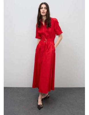 Vestido midi rojo con falda evasé y cinturón para mujer - Lola Casademunt