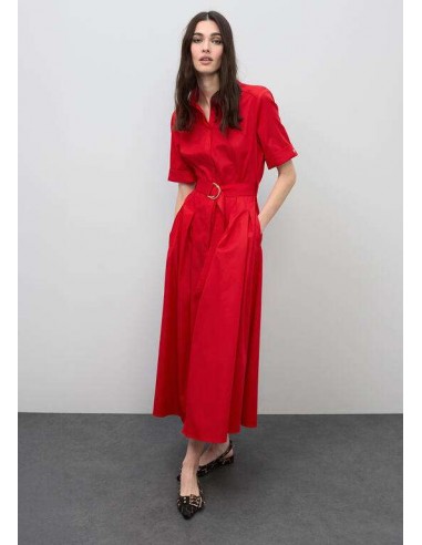 Vestido midi rojo con falda evasé y cinturón para mujer - Lola Casademunt