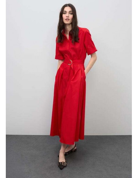 Vestido midi rojo con falda evasé y cinturón para mujer - Lola Casademunt