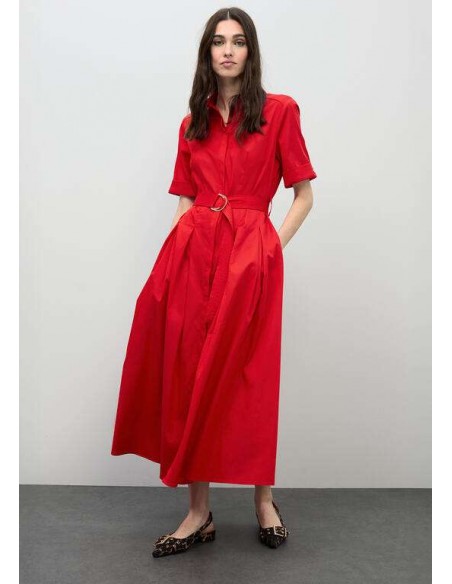 Vestido midi rojo con falda evasé y cinturón para mujer - Lola Casademunt