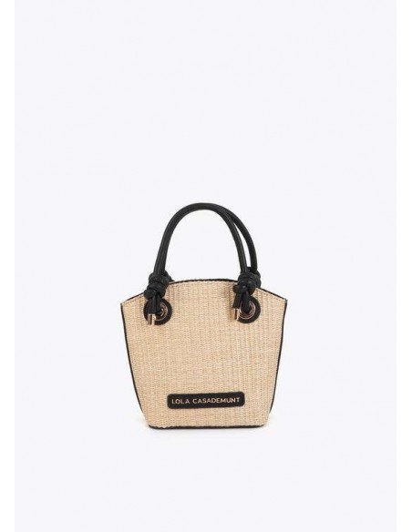 Bolsito efecto rafia con detalles efecto piel y asa bandolera