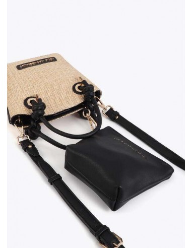 Bolsito efecto rafia con detalles efecto piel y asa bandolera