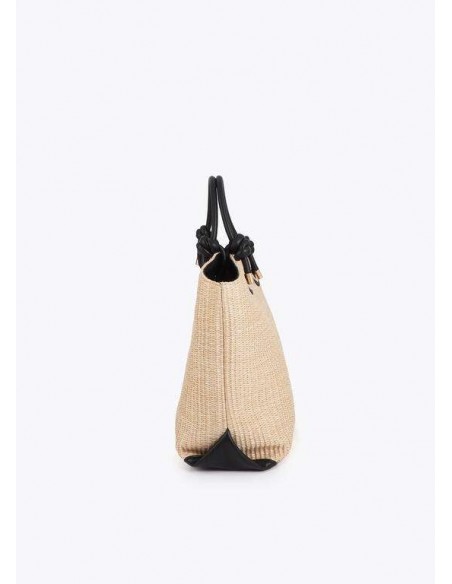 Bolso tipo capazo efecto rafia con asas de mano y detalles efecto piel - Lola Casademunt - vista lateral