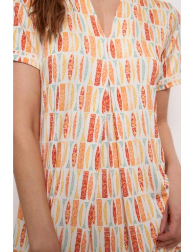 Vestido midi estampado Tropea Mandarina de Tinta y Bariloche - detalle en primer plano de la prenda