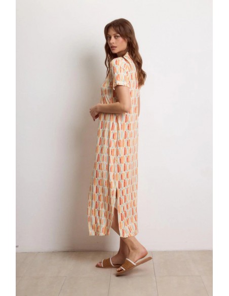 Vestido midi estampado Tropea Mandarina de Tinta y Bariloche - vista posterior.