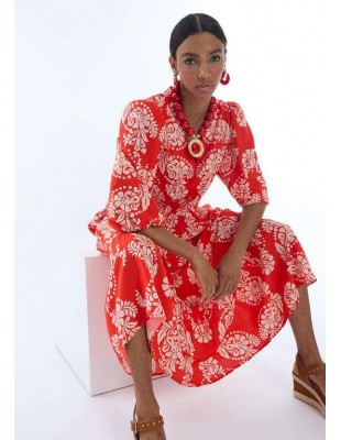 Vestido midi rojo estampado paisley con escote pico y manga abullonada - Lola Casademunt