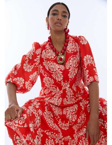 Vestido midi rojo estampado paisley con escote pico y manga abullonada - Lola Casademunt