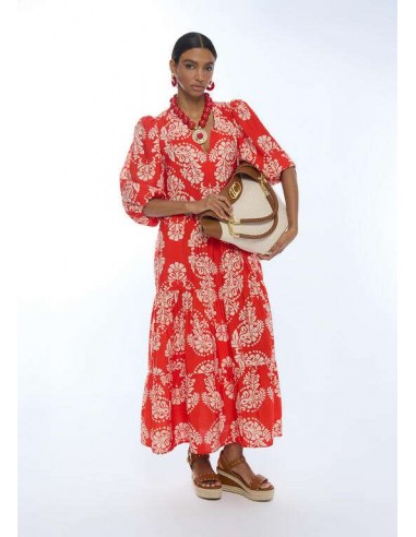 Vestido midi rojo estampado paisley con escote pico y manga abullonada - Lola Casademunt