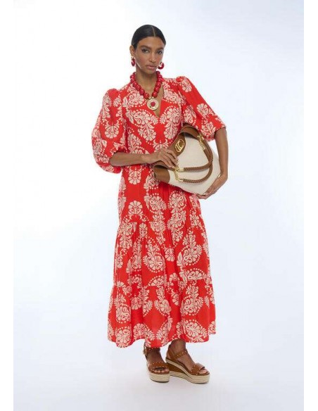Vestido midi rojo estampado paisley con escote pico y manga abullonada - Lola Casademunt