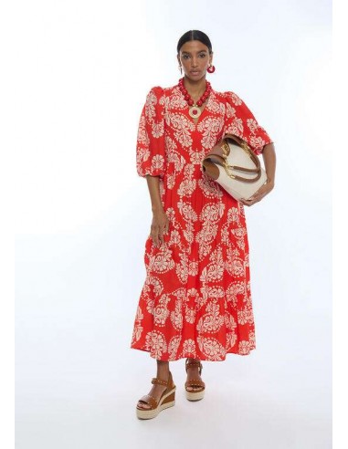 Vestido midi rojo estampado paisley con escote pico y manga abullonada - Lola Casademunt
