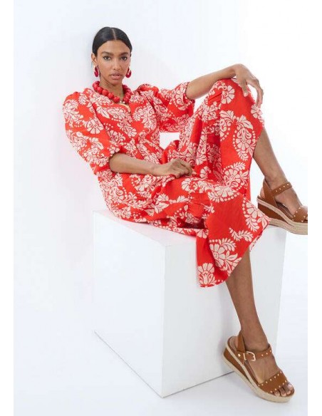 Vestido midi rojo estampado paisley con escote pico y manga abullonada - Lola Casademunt