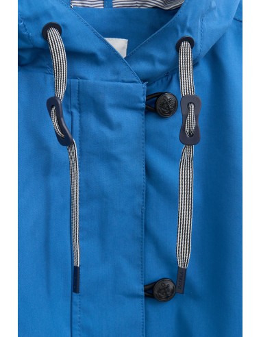 Chubasquero algodón costuras selladas corto · Batela - azul detalle de cierre del cuello y cordoncillos.