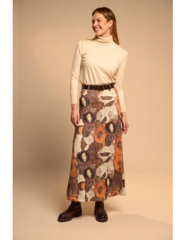 Falda larga estampada beige Caniamel de Bariloche con jersey crudo