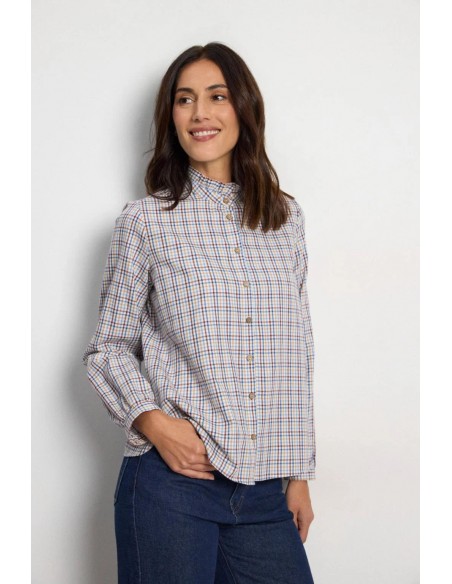 Camisa Mahila de cuadros multicolor sonriendo