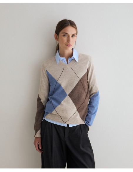 Jersey de rombos de lana y cashmere Yerse crudo y azul