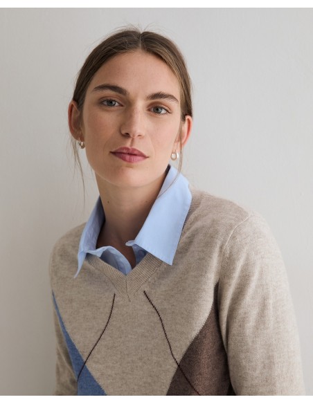 Jersey de rombos de lana y cashmere Yerse crudo y azul