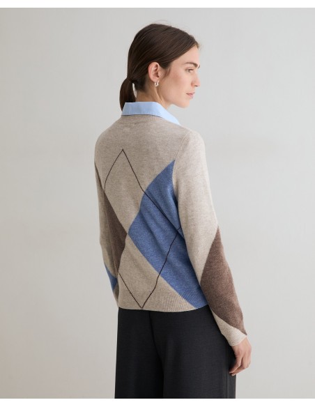 Jersey de rombos de lana y cashmere Yerse crudo y azul