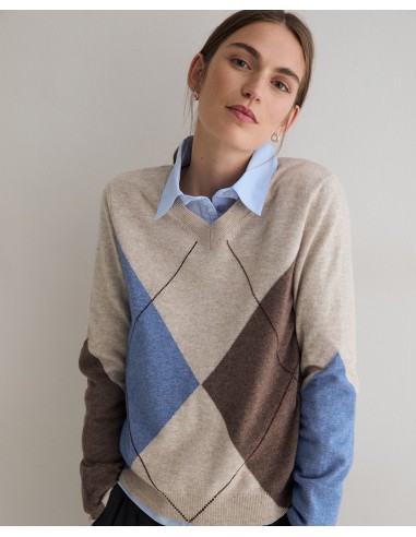 Jersey de rombos de lana y cashmere Yerse crudo y azul