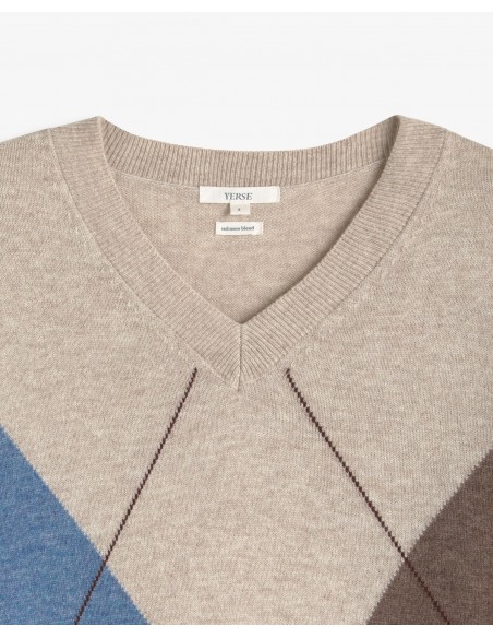 Jersey de rombos de lana y cashmere Yerse crudo y azul