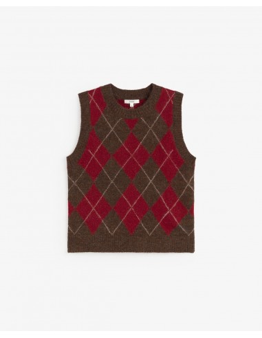 Chaleco de punto de rombos Yerse marrón y rojo