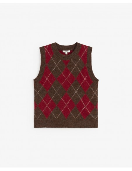 Chaleco de punto de rombos Yerse marrón y rojo