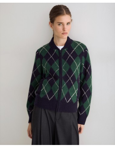 Cárdigan bomber de rombos con cremallera Yerse azul marino y verde