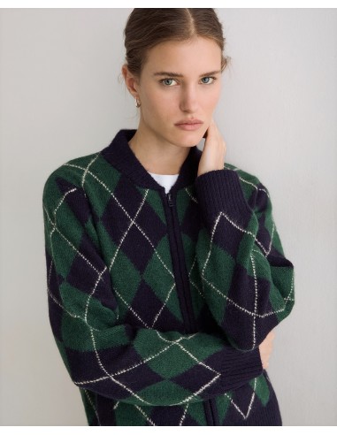 Cárdigan bomber de rombos con cremallera Yerse azul marino y verde