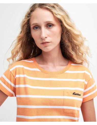 Barbour Otterburn Stripe camiseta color albaricoque - vista de cuello, pecho y mangas