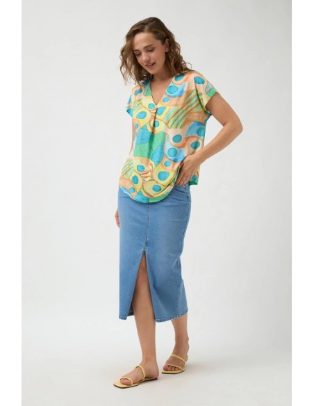 Falda Inga Celeste – Falda midi vaquera de corte entubado con abertura delantera