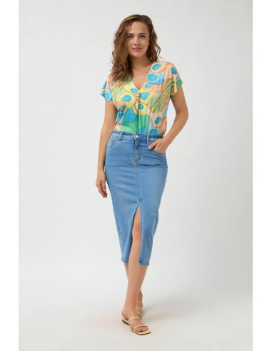 Falda Inga Celeste – Falda midi vaquera de corte entubado con abertura delantera