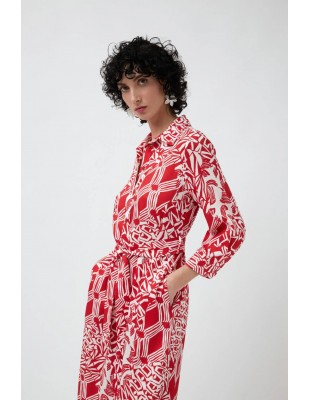 Vestido Ibiza Rojo – Vestido largo camisero con estampado y cinturón ajustable