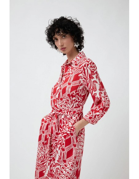 Vestido Ibiza Rojo – Vestido largo camisero con estampado y cinturón ajustable Vestido Ibiza Rojo – Vestido largo camisero con estampado y cinturón ajustable