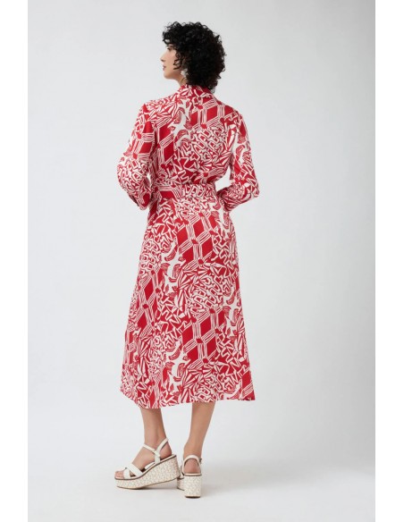 Vestido Ibiza Rojo – Vestido largo camisero con estampado y cinturón ajustable - vista posterior Vestido Ibiza Rojo – Vestido largo camisero con estampado y cinturón ajustable - vista posterior