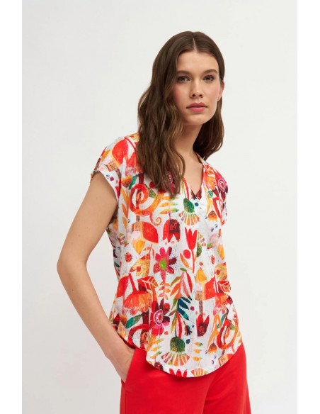 Camiseta Adna Natural – Camiseta de manga corta con estampado artístico y escote en V