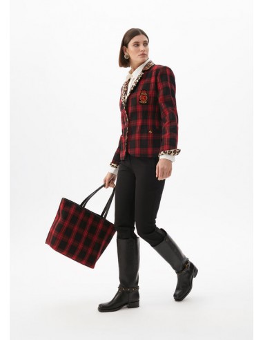 Americana tartán rojo y negro con solapa animal print - Lola Casademunt