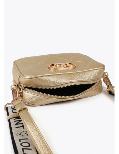 Bandolera dorada efecto piel con logo ovalado de Lola Casademunt - bolso abierto