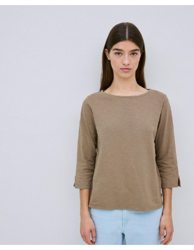 Camiseta caqui de algodón flamé cuello barco manga 3/4 - Yerse