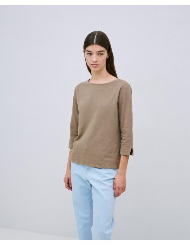 Camiseta caqui de algodón flamé cuello barco manga 3/4 - Yerse