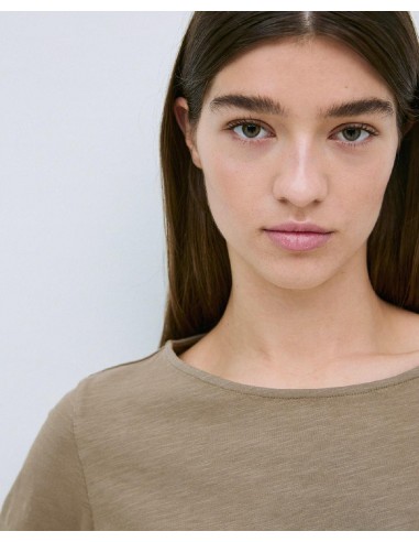 Camiseta caqui de algodón flamé cuello barco manga 3/4 - Yerse