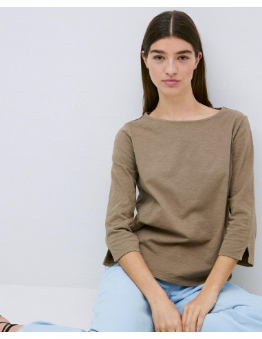 Camiseta caqui de algodón flamé cuello barco manga 3/4 - Yerse