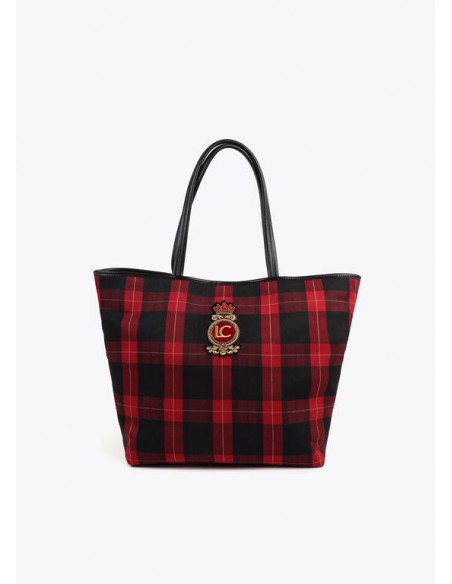Bolso shopper de cuadros con parche escudo – Lola Casademunt - vista frontal