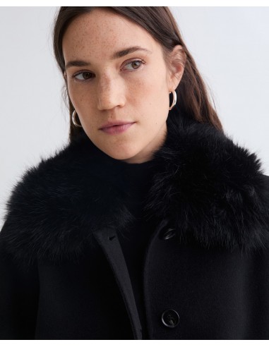 Abrigo midi de lana reciclada YERSE con cuello de pelo – Negro