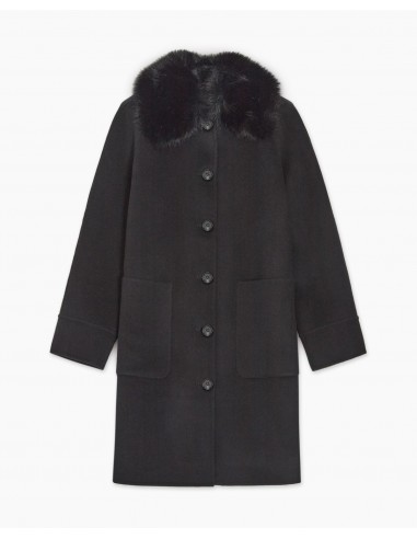 Abrigo midi de lana reciclada YERSE con cuello de pelo – Negro