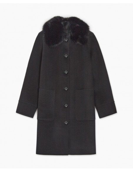 Abrigo midi de lana reciclada YERSE con cuello de pelo – Negro