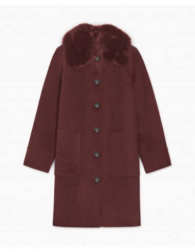 Abrigo midi de lana reciclada YERSE con cuello de pelo – Burdeos