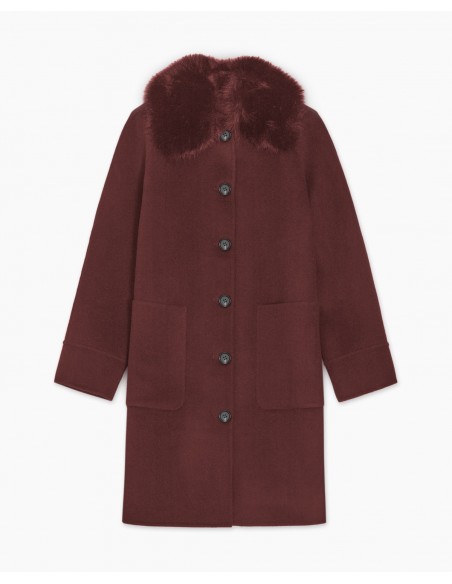 Abrigo midi de lana reciclada YERSE con cuello de pelo – Burdeos