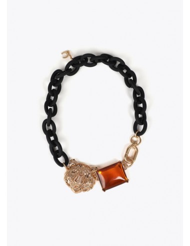 Collar Corto Lola Casademunt con Cadena Negra, Tigre Dorado y Cristal Ámbar