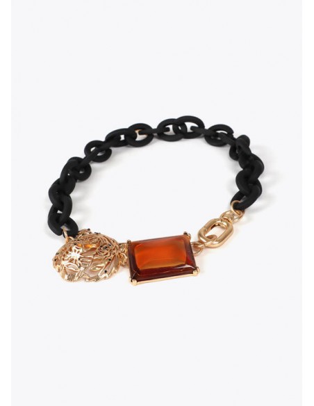 Collar Corto Lola Casademunt con Cadena Negra, Tigre Dorado y Cristal Ámbar